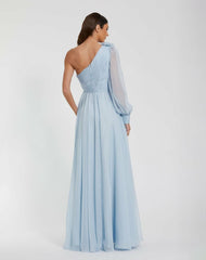 Evening Gowns | Women Mac Duggal Blue One Sleeve Chiffon Gown With 3D Flowers Powder Blue