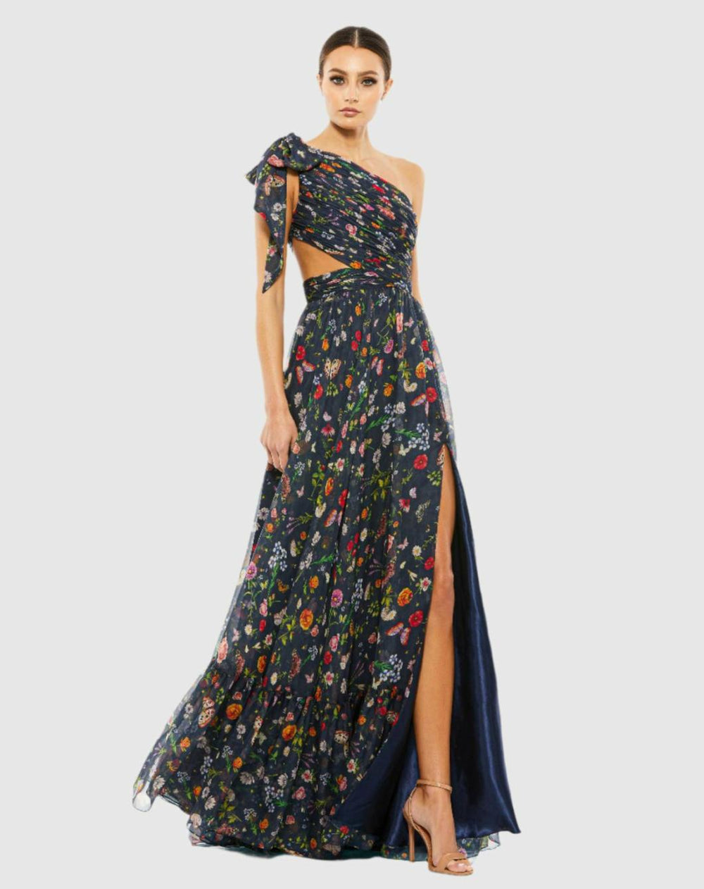 Evening Gowns | Women Mac Duggal Blue Tied One Shoulder Cut-Out Flowy Gown Navy/multi