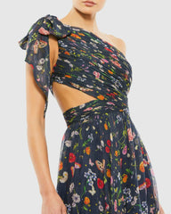 Evening Gowns | Women Mac Duggal Blue Tied One Shoulder Cut-Out Flowy Gown Navy/multi