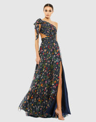 Evening Gowns | Women Mac Duggal Blue Tied One Shoulder Cut-Out Flowy Gown Navy/multi