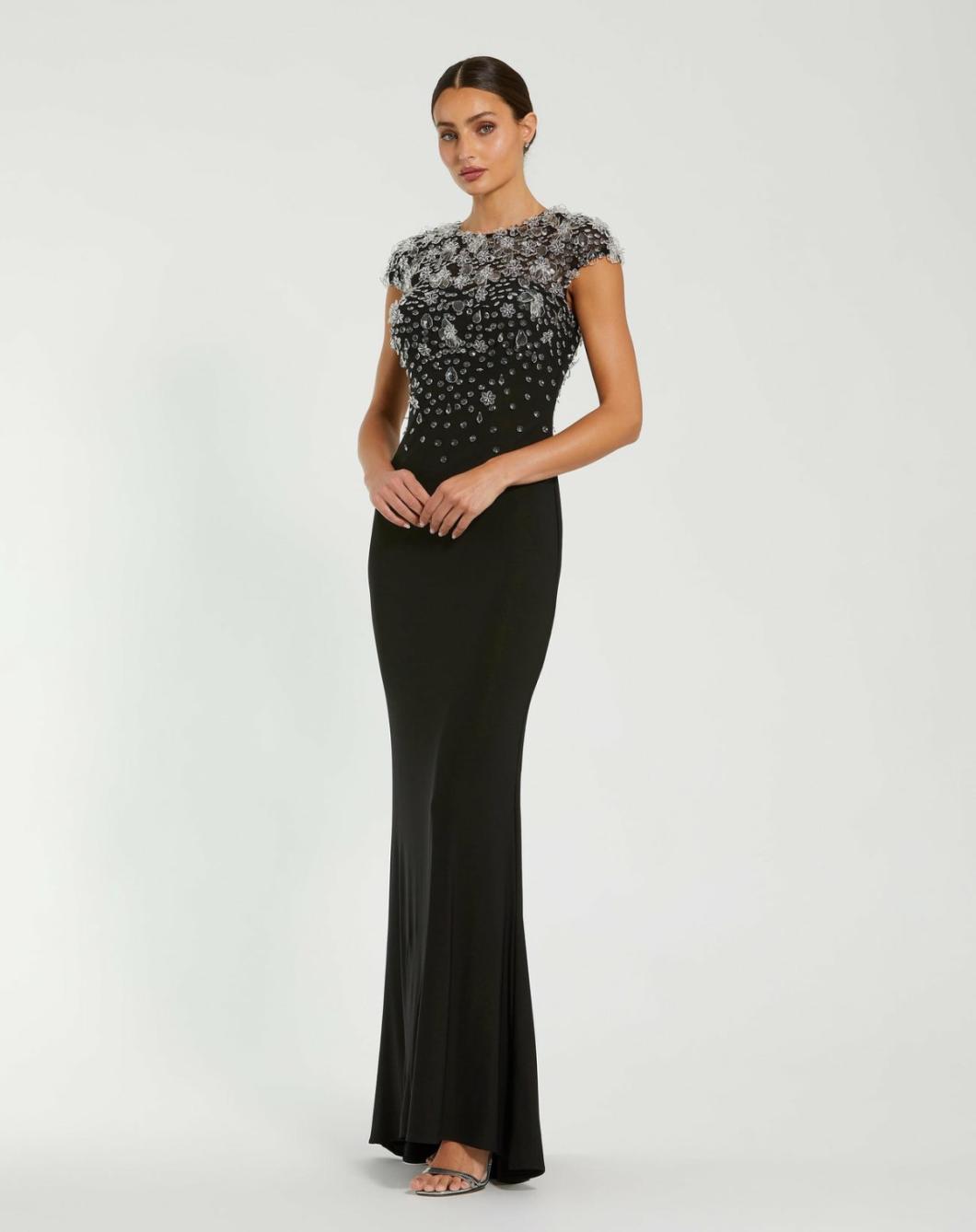 Evening Gowns | Women Mac Duggal Crystal Embellished Jersey Fitted Cap Sleeve Gown Black