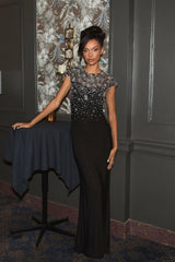 Evening Gowns | Women Mac Duggal Crystal Embellished Jersey Fitted Cap Sleeve Gown Black