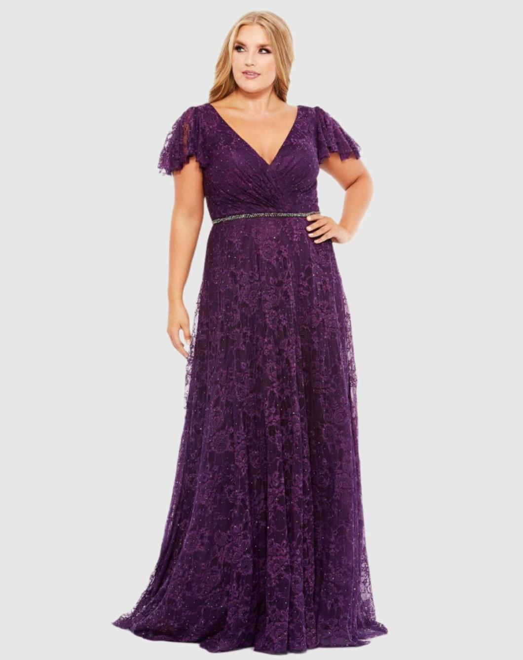 Evening Gowns | Women Mac Duggal Embellished Flutter Sleeve Evening Gown (Plus) Aubergine