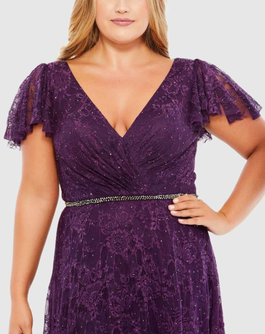 Evening Gowns | Women Mac Duggal Embellished Flutter Sleeve Evening Gown (Plus) Aubergine
