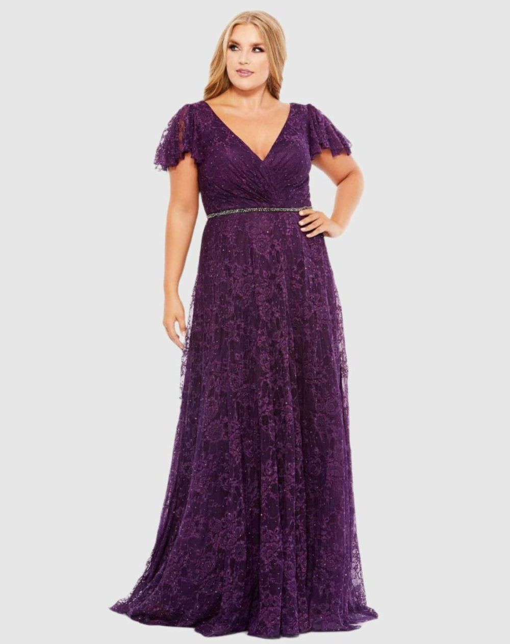 Evening Gowns | Women Mac Duggal Embellished Flutter Sleeve Evening Gown (Plus) Aubergine