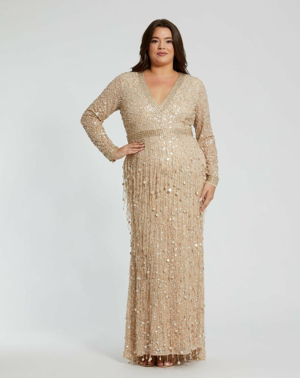 Evening Gowns | Women Mac Duggal Embellished Fringe Long Sleeve Gown Nude Gold