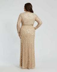 Evening Gowns | Women Mac Duggal Embellished Fringe Long Sleeve Gown Nude Gold
