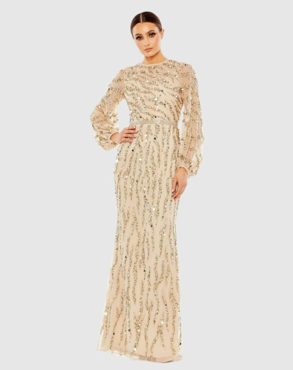 Evening Gowns | Women Mac Duggal Embellished High Neck Puff Sleeve Trumpet Gown Nude Gold
