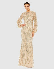 Evening Gowns | Women Mac Duggal Embellished High Neck Puff Sleeve Trumpet Gown Nude Gold