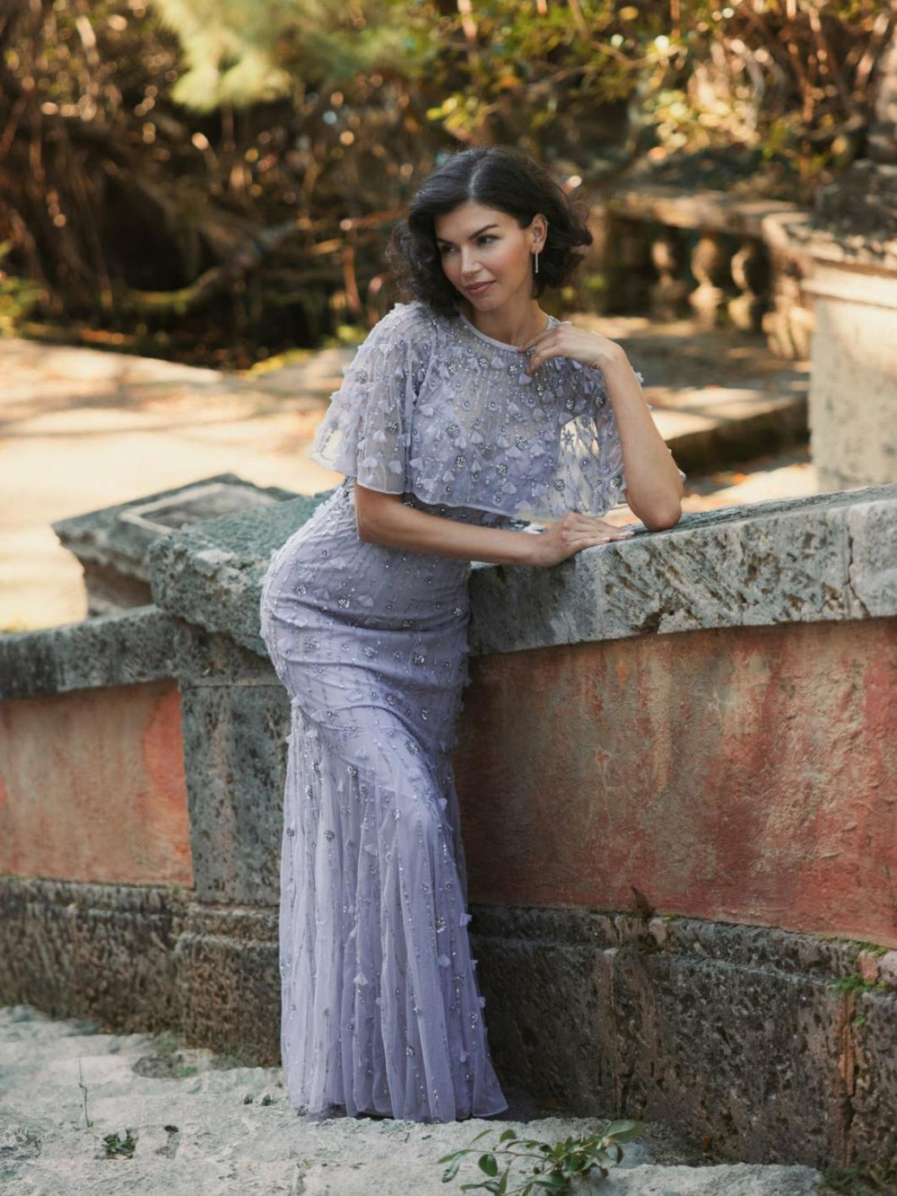 Evening Gowns | Women Mac Duggal Embellished Illusion Cape Sleeve Trumpet Gown Midnight