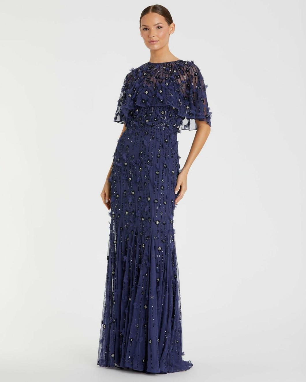 Evening Gowns | Women Mac Duggal Embellished Illusion Cape Sleeve Trumpet Gown Midnight