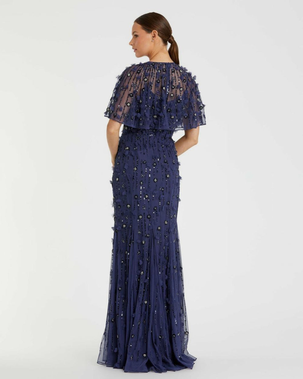 Evening Gowns | Women Mac Duggal Embellished Illusion Cape Sleeve Trumpet Gown Midnight