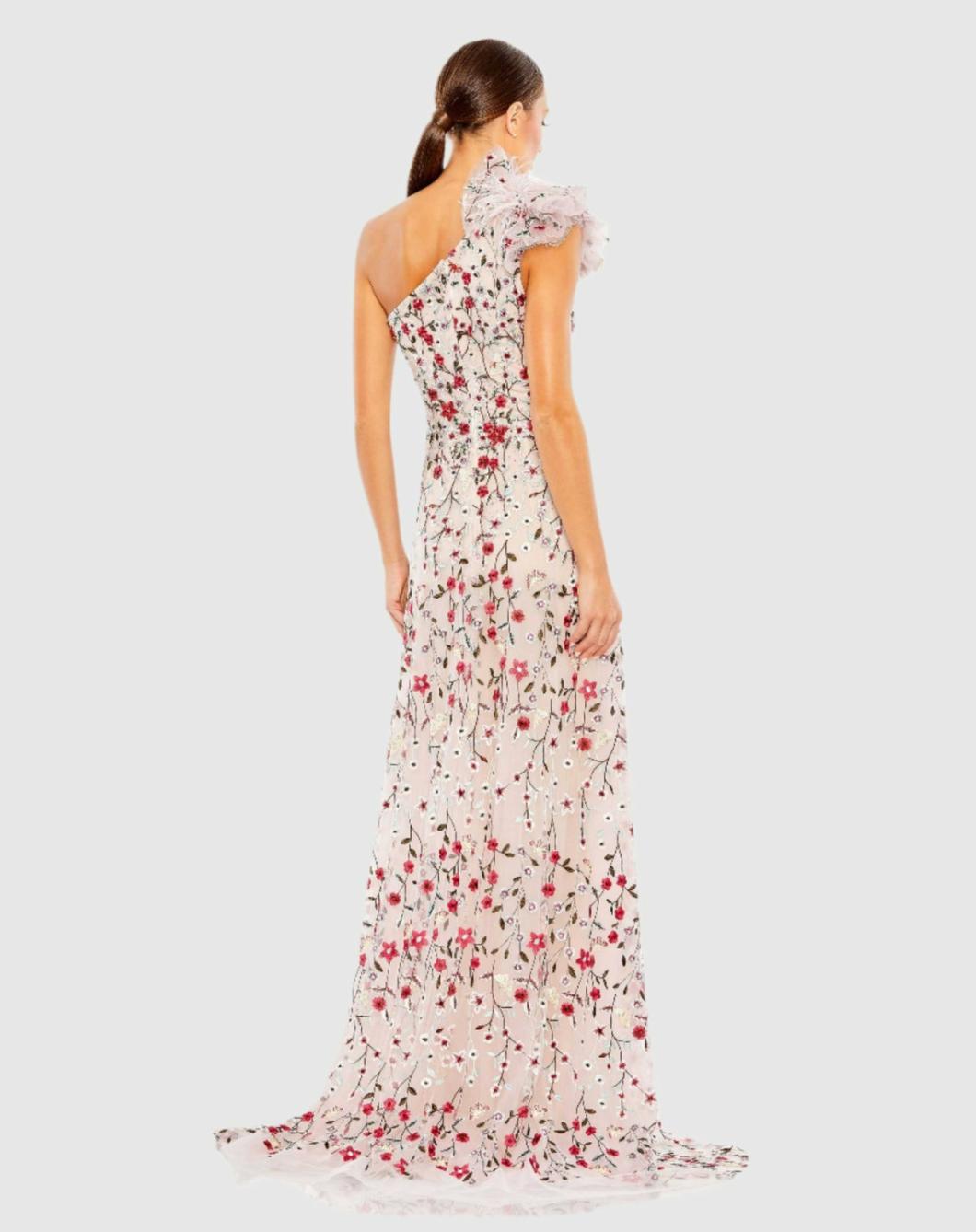 Evening Gowns | Women Mac Duggal Embellished Ruffled One Shoulder A Line Gown Rose Multi
