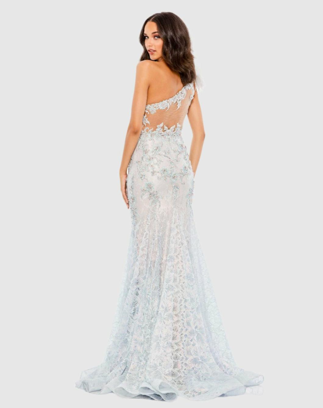 Evening Gowns | Women Mac Duggal Embroidered Applique Feathered One Shoulder Trumpet Gown Crystal Blue