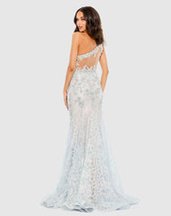 Evening Gowns | Women Mac Duggal Embroidered Applique Feathered One Shoulder Trumpet Gown Crystal Blue