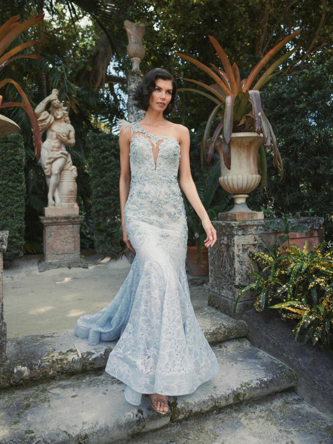 Evening Gowns | Women Mac Duggal Embroidered Applique Feathered One Shoulder Trumpet Gown Crystal Blue