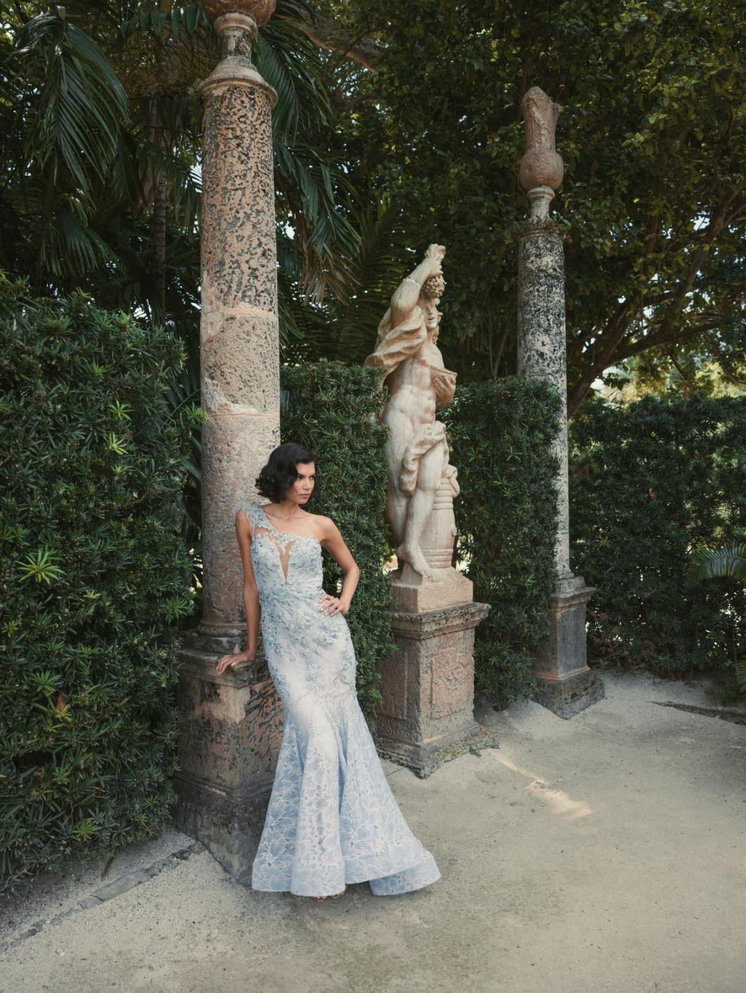 Evening Gowns | Women Mac Duggal Embroidered Applique Feathered One Shoulder Trumpet Gown Crystal Blue