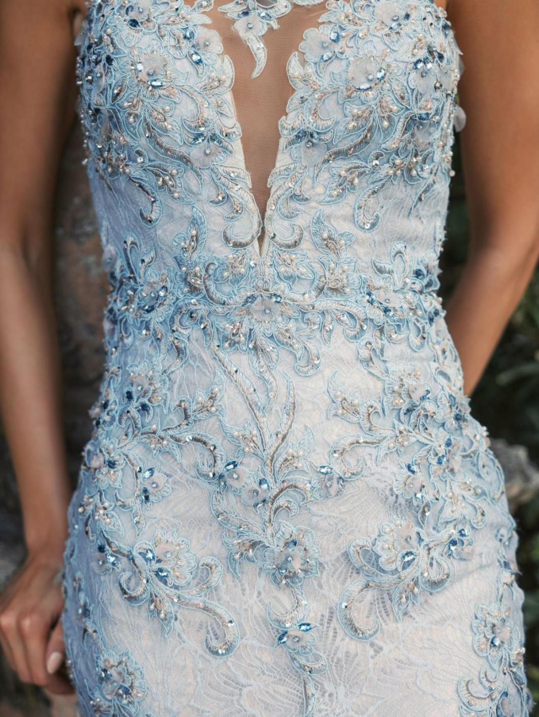 Evening Gowns | Women Mac Duggal Embroidered Applique Feathered One Shoulder Trumpet Gown Crystal Blue