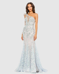 Evening Gowns | Women Mac Duggal Embroidered Applique Feathered One Shoulder Trumpet Gown Crystal Blue