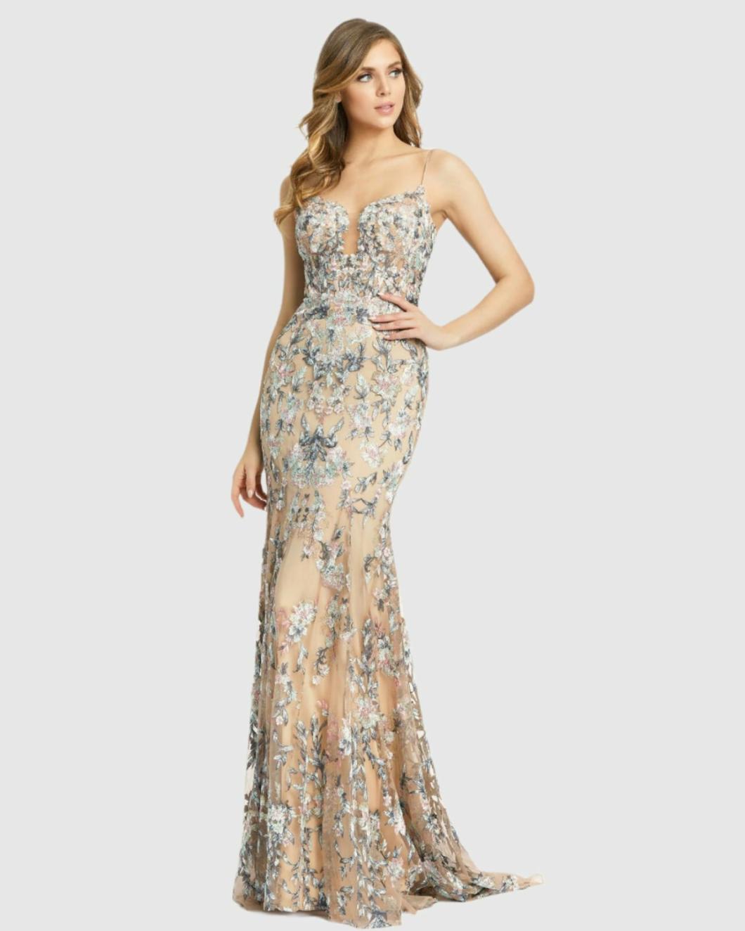 Evening Gowns | Women Mac Duggal Embroidered Spaghetti Strap Trumpet Gown Nude Multi