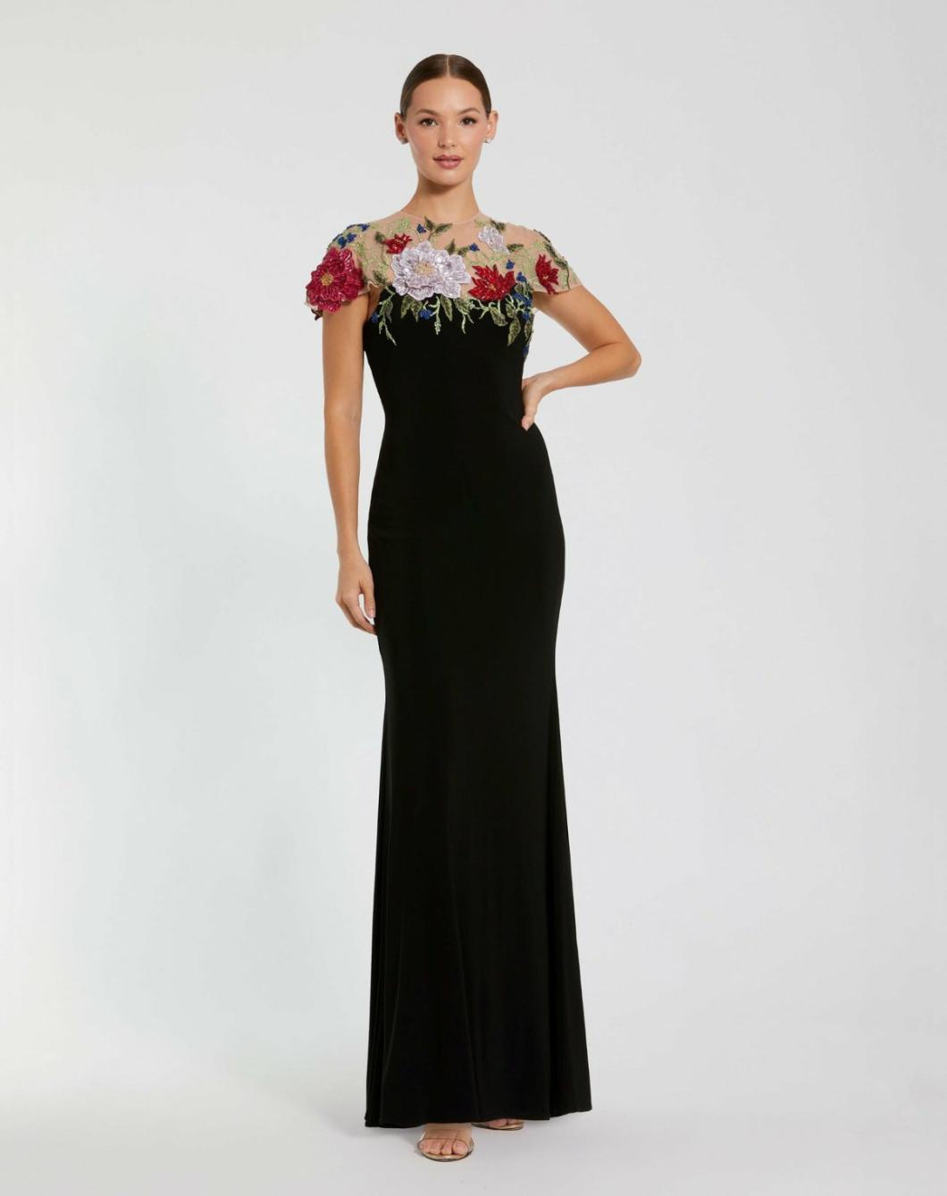 Evening Gowns | Women Mac Duggal Floral Embellished Jersey Fitted Gown Black Multi