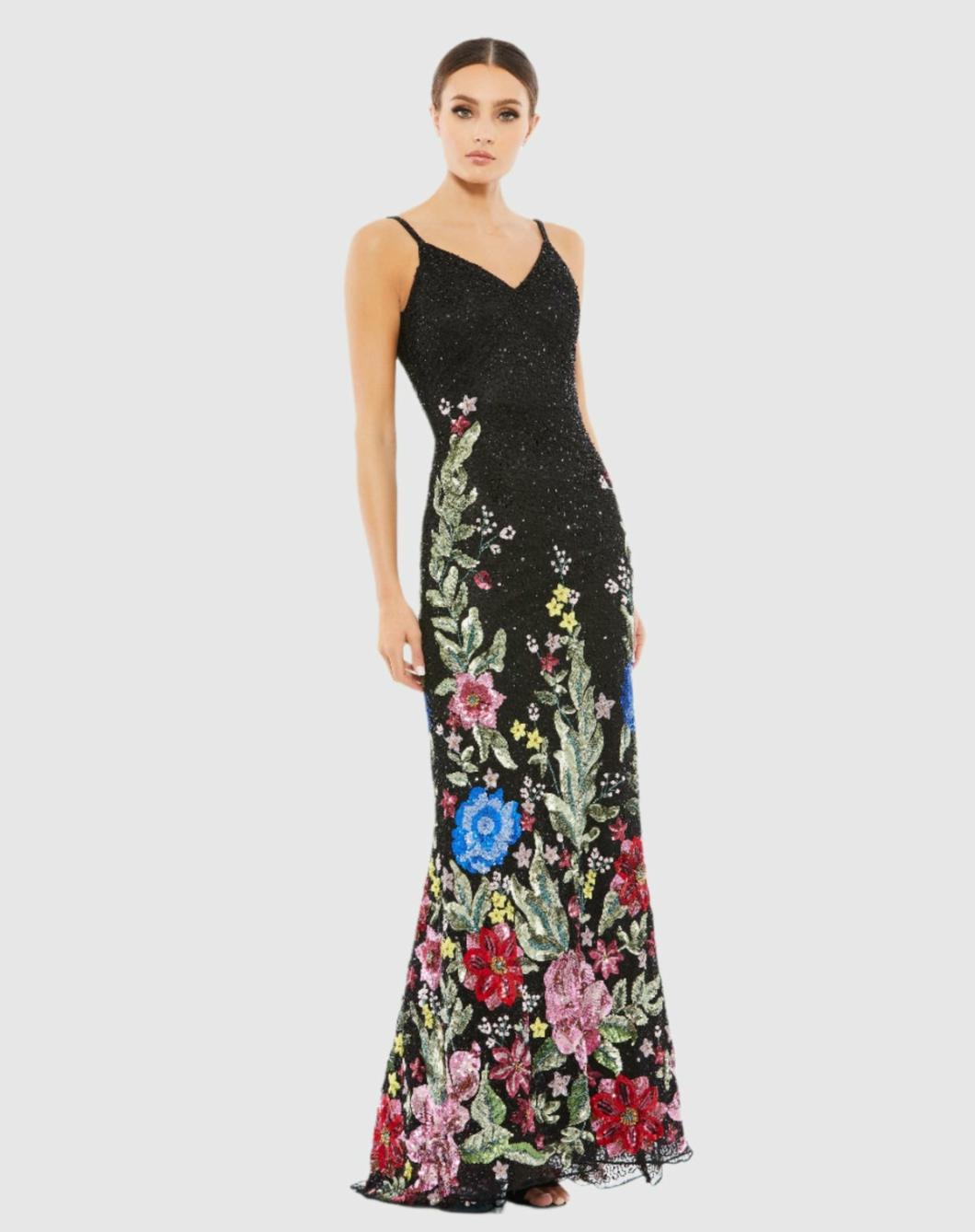Evening Gowns | Women Mac Duggal Floral Embellished Spaghetti Strap Gown Black Multi