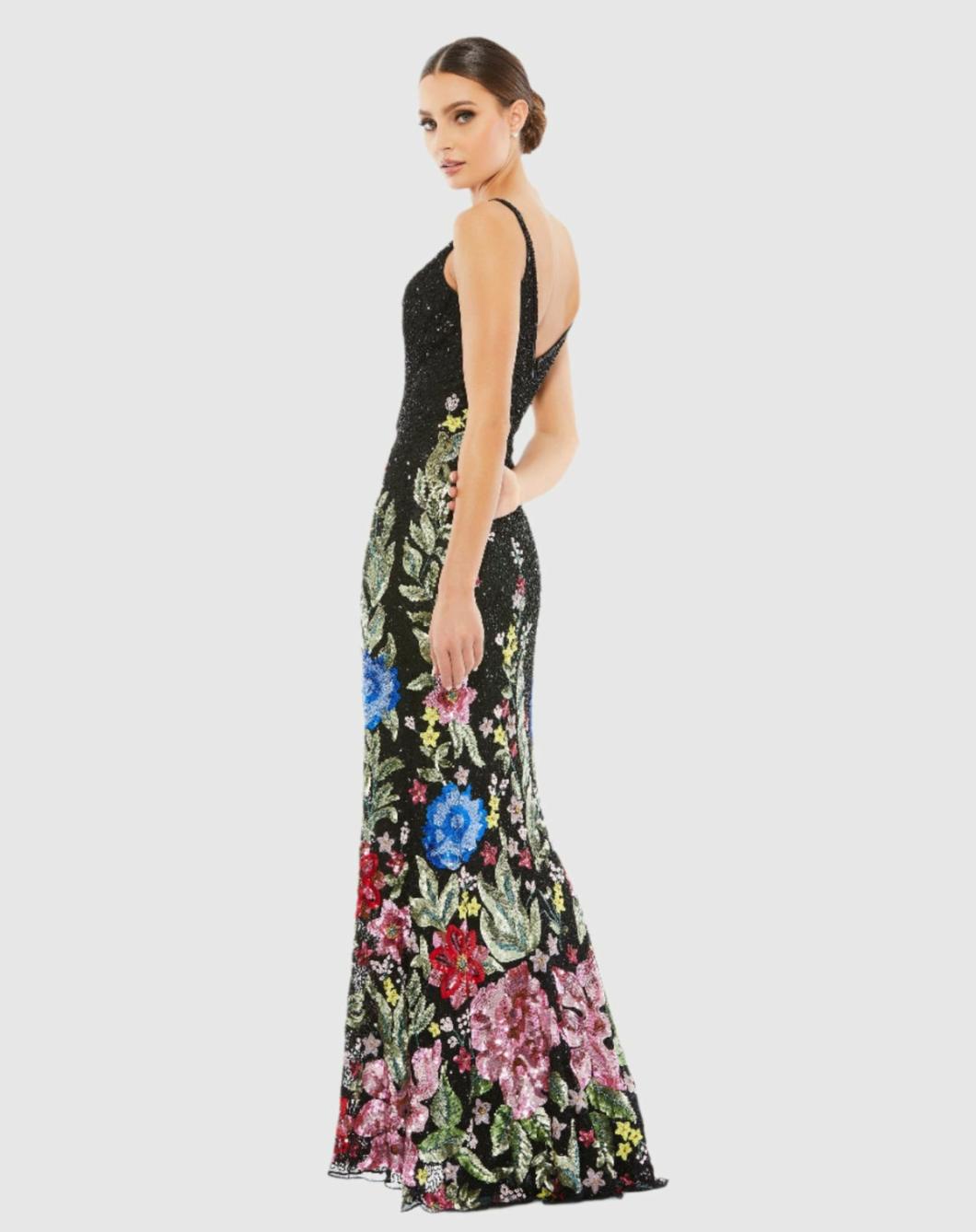 Evening Gowns | Women Mac Duggal Floral Embellished Spaghetti Strap Gown Black Multi