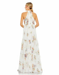 Evening Gowns | Women Mac Duggal Floral Print Ruched Tiered High Neck Bow Gown White Multi