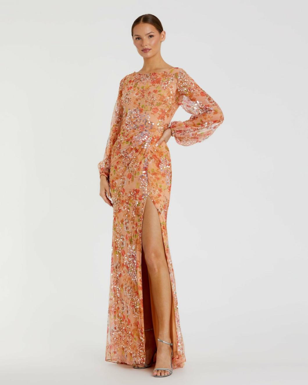 Evening Gowns | Women Mac Duggal Floral Print Sequined Puff Sleeve Gown Apricot