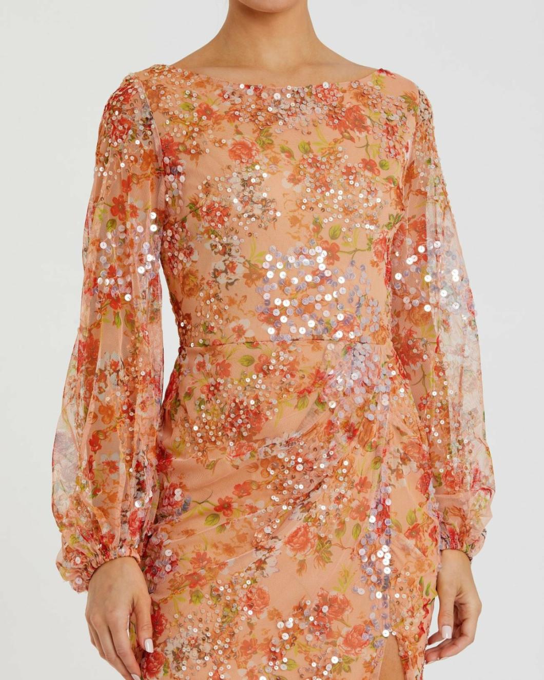 Evening Gowns | Women Mac Duggal Floral Print Sequined Puff Sleeve Gown Apricot