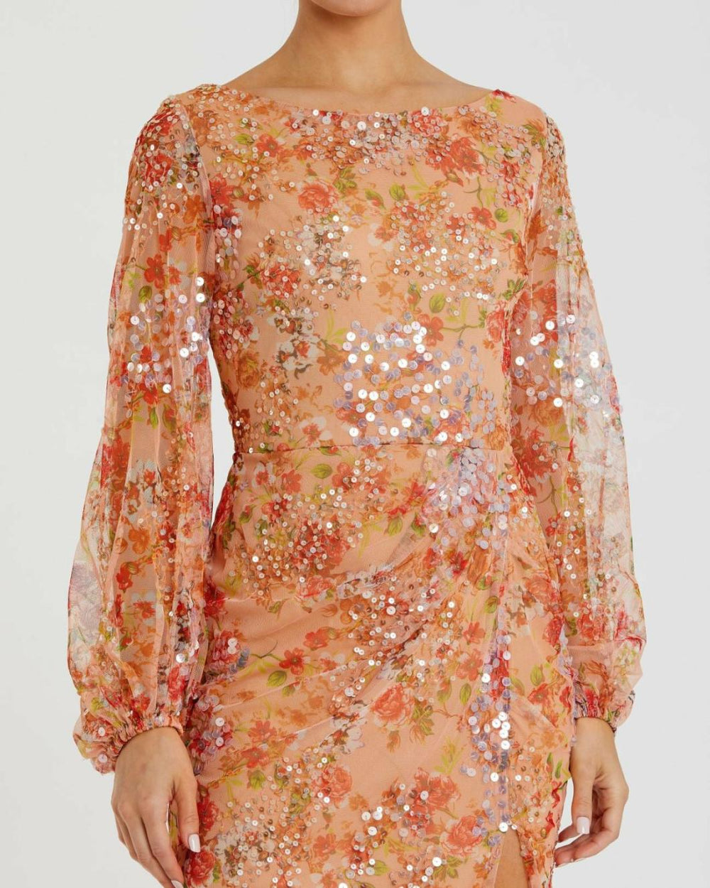 Evening Gowns | Women Mac Duggal Floral Print Sequined Puff Sleeve Gown Apricot