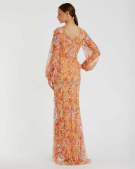Evening Gowns | Women Mac Duggal Floral Print Sequined Puff Sleeve Gown Apricot
