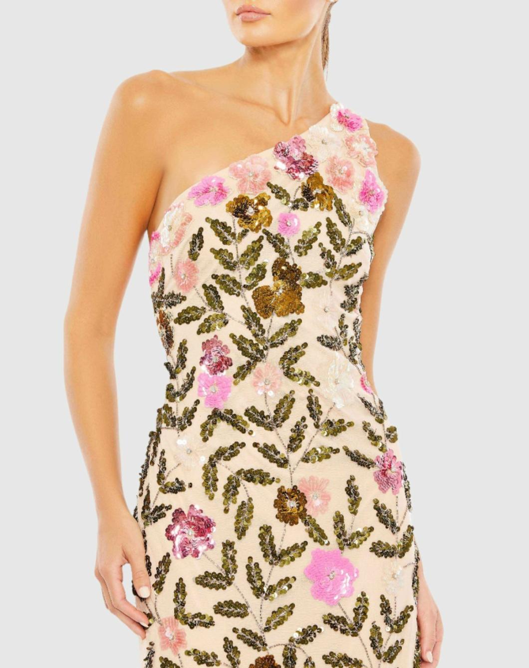 Evening Gowns | Women Mac Duggal Floral Sequined One Shoulder Column Gown Nude Multi