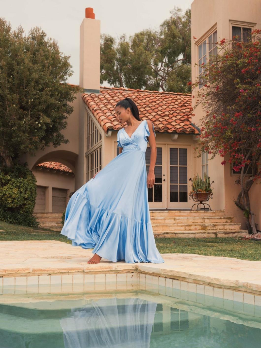 Evening Gowns | Women Mac Duggal Flounce Sleeve Satin Gown Periwinkle