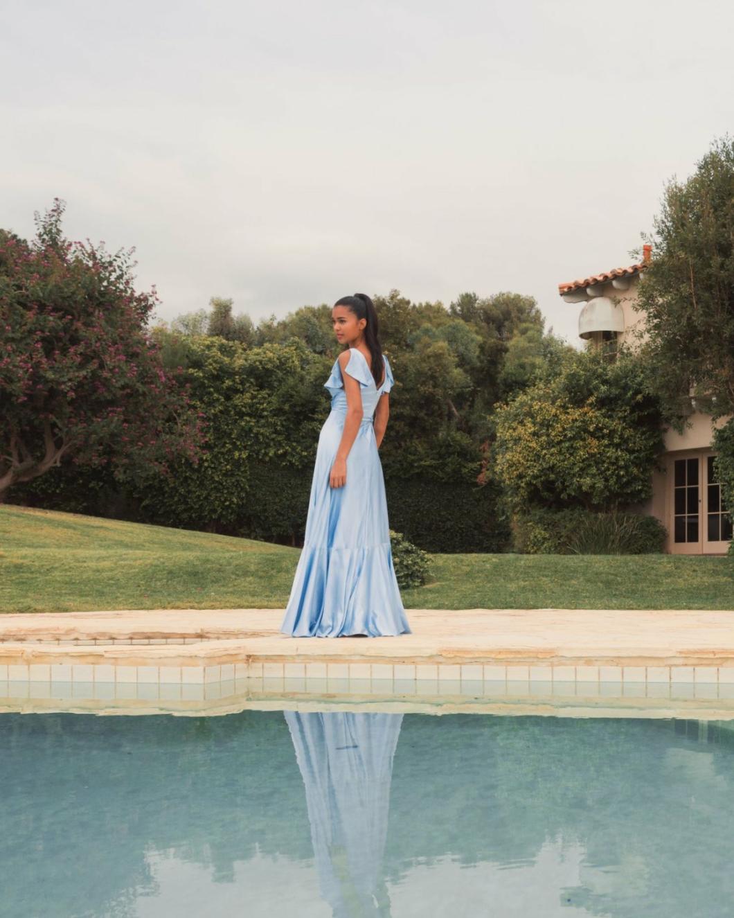 Evening Gowns | Women Mac Duggal Flounce Sleeve Satin Gown Periwinkle