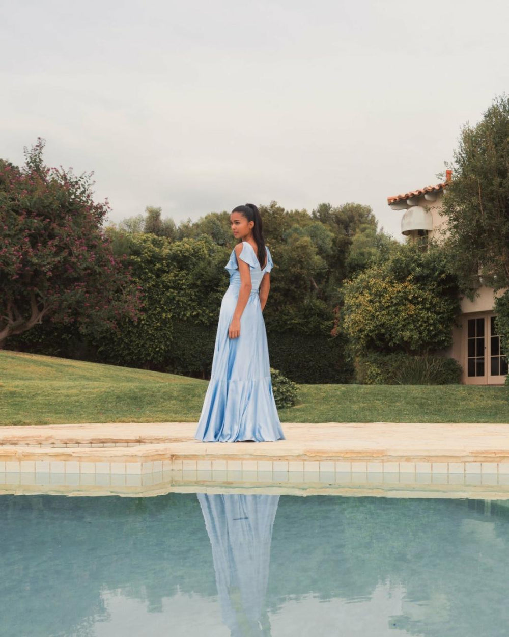 Evening Gowns | Women Mac Duggal Flounce Sleeve Satin Gown Periwinkle