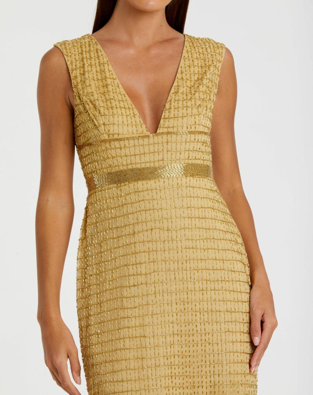 Evening Gowns | Women Mac Duggal Gold Beaded Cap Sleeve V Neck Column Gown Gold