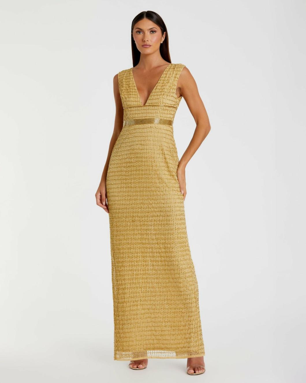 Evening Gowns | Women Mac Duggal Gold Beaded Cap Sleeve V Neck Column Gown Gold