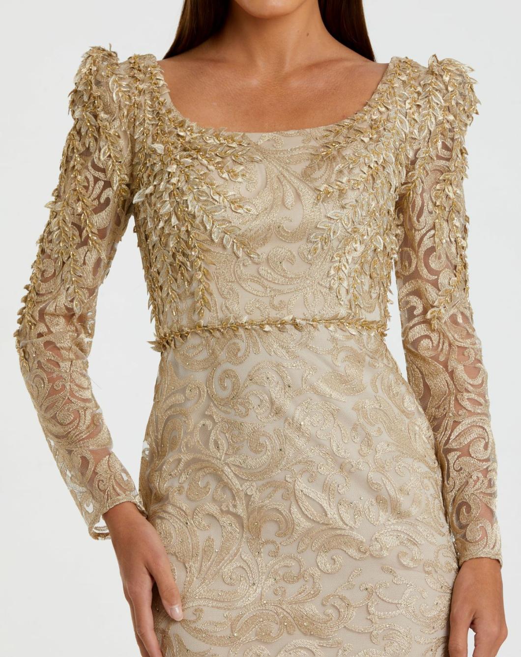 Evening Gowns | Women Mac Duggal Gold Embroidered Lace Applique Shoulder Detail Trumpet Gown Light Gold