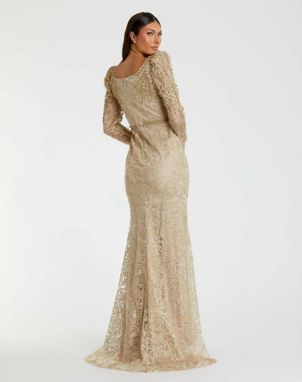 Evening Gowns | Women Mac Duggal Gold Embroidered Lace Applique Shoulder Detail Trumpet Gown Light Gold