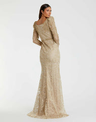 Evening Gowns | Women Mac Duggal Gold Embroidered Lace Applique Shoulder Detail Trumpet Gown Light Gold