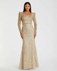 Evening Gowns | Women Mac Duggal Gold Embroidered Lace Applique Shoulder Detail Trumpet Gown Light Gold