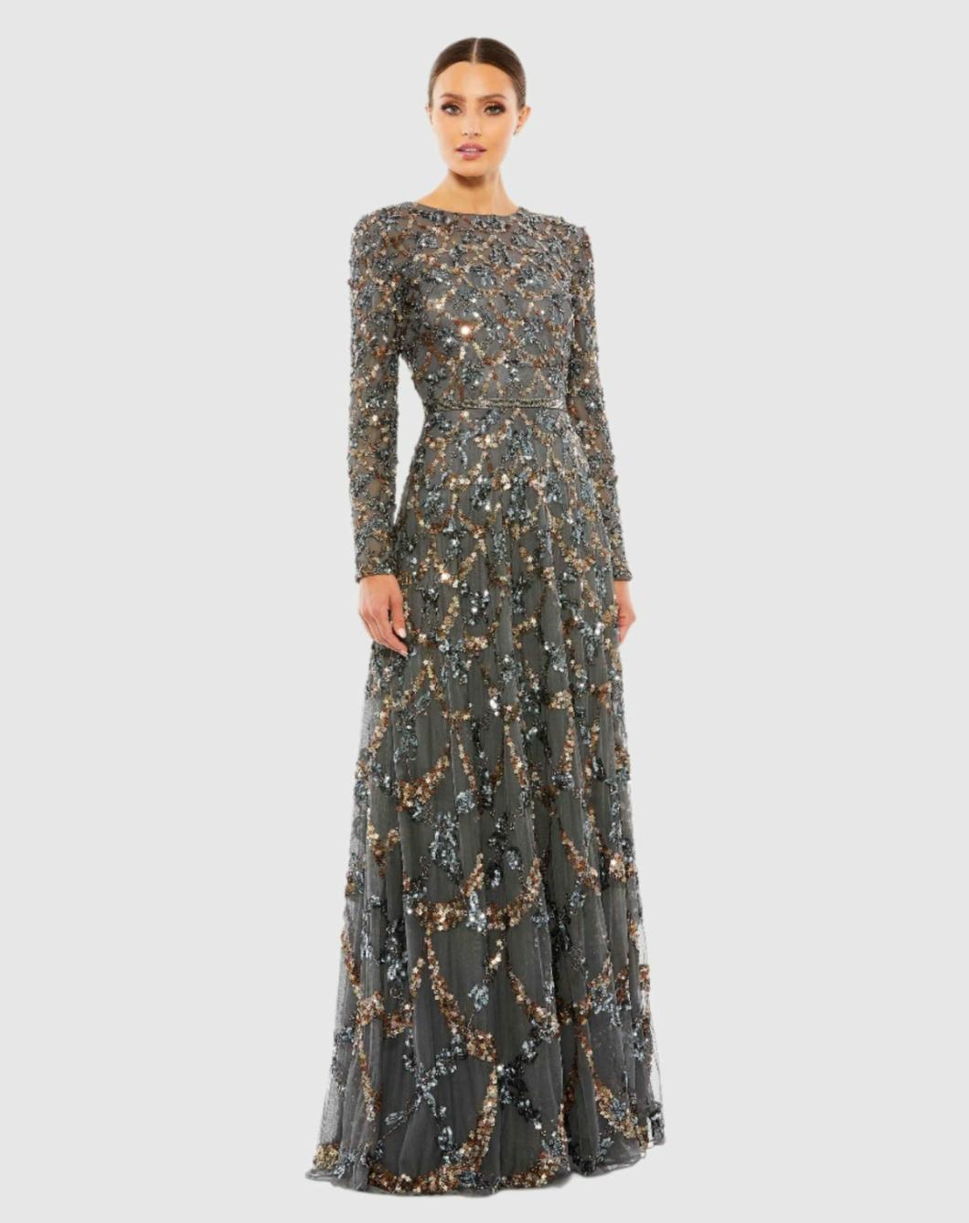 Evening Gowns | Women Mac Duggal Gray Embellished Illusion High Neck Long Sleeve A Line Gown Charcoal