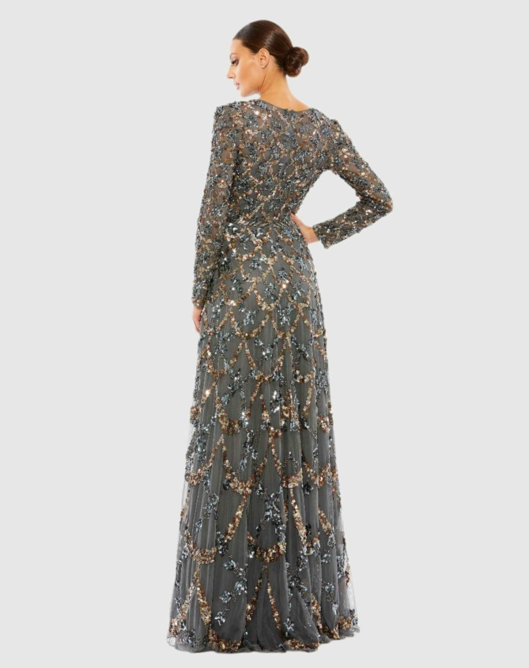 Evening Gowns | Women Mac Duggal Gray Embellished Illusion High Neck Long Sleeve A Line Gown Charcoal