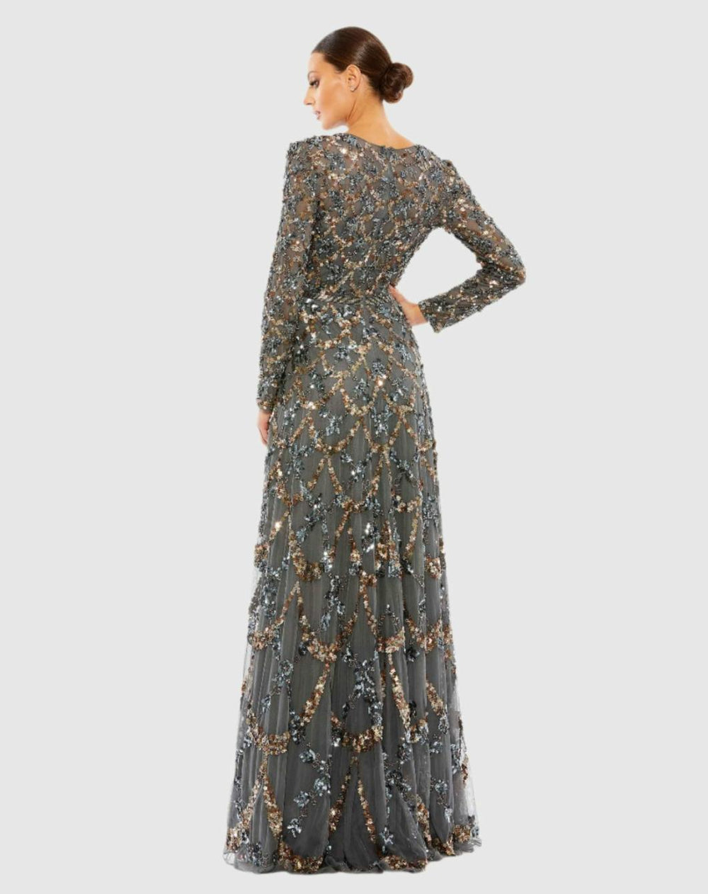 Evening Gowns | Women Mac Duggal Gray Embellished Illusion High Neck Long Sleeve A Line Gown Charcoal