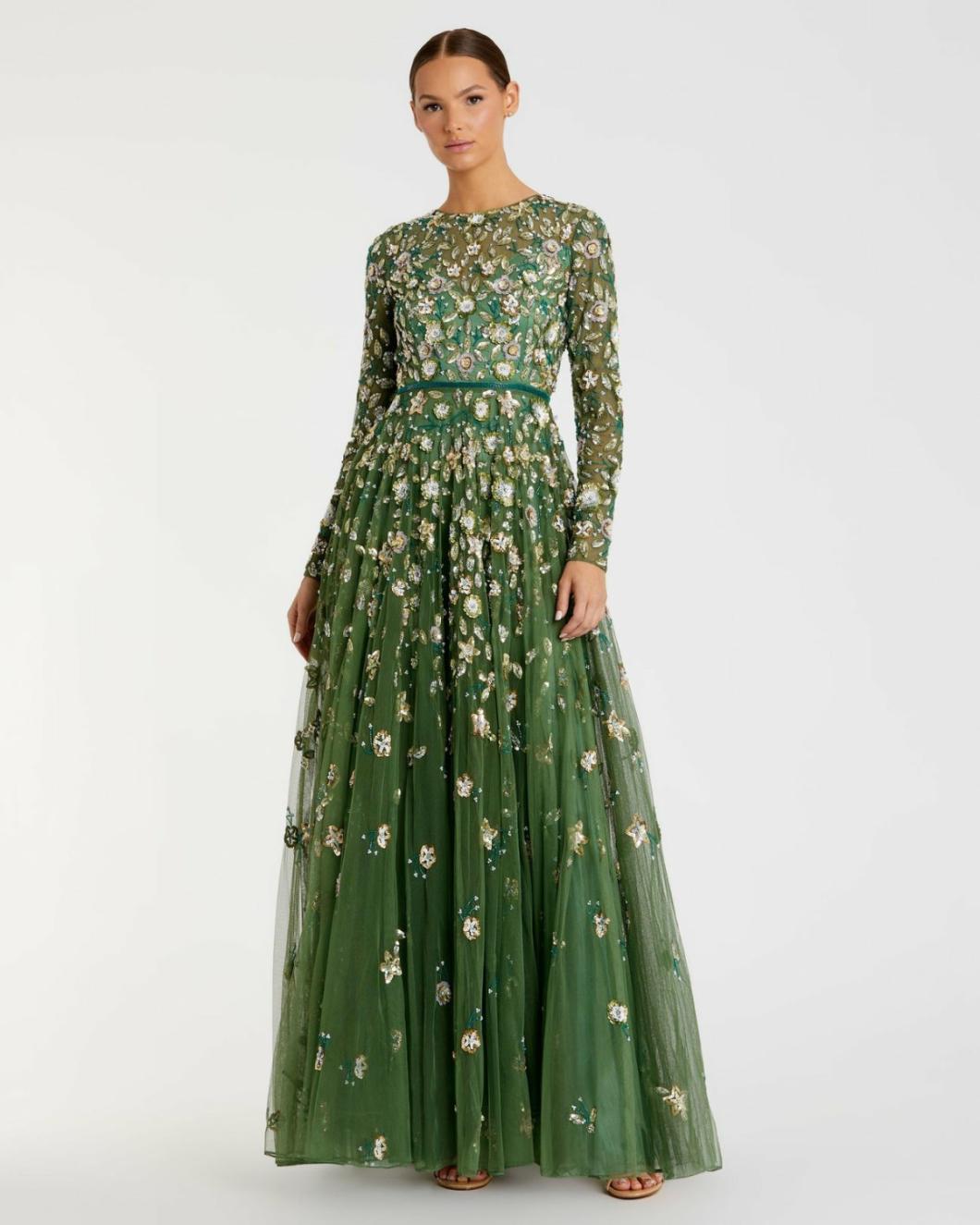 Evening Gowns | Women Mac Duggal Green Embellished High Neck Long Sleeve A Line Gown Sage