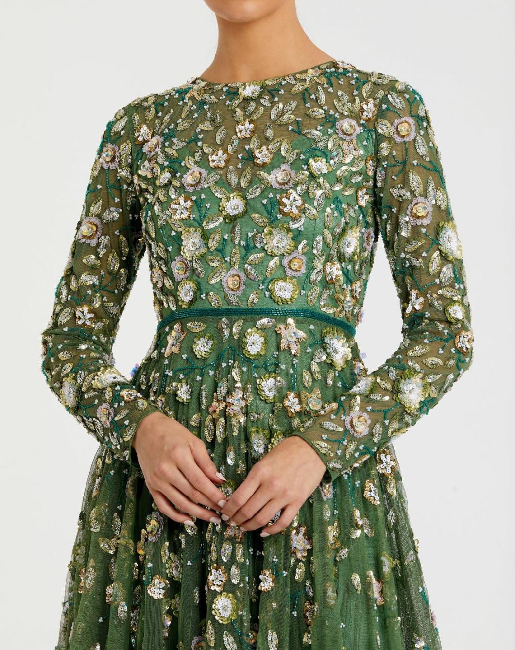 Evening Gowns | Women Mac Duggal Green Embellished High Neck Long Sleeve A Line Gown Sage
