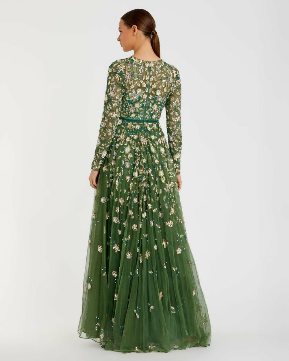 Evening Gowns | Women Mac Duggal Green Embellished High Neck Long Sleeve A Line Gown Sage
