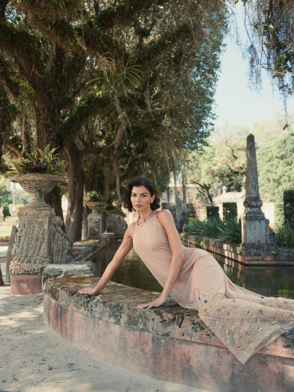 Evening Gowns | Women Mac Duggal High Neck Floral Embellished Trapeze Dress Nude Gold