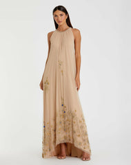 Evening Gowns | Women Mac Duggal High Neck Floral Embellished Trapeze Dress Nude Gold